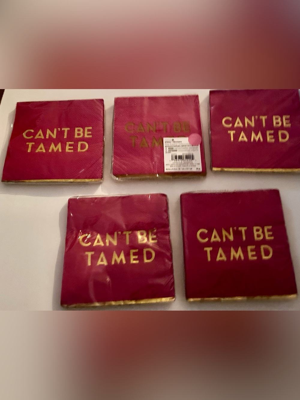 New 100 Mauve Paper Napkins CAN’T BE TAMED 5” x 5” Gold Rim made Vietnam